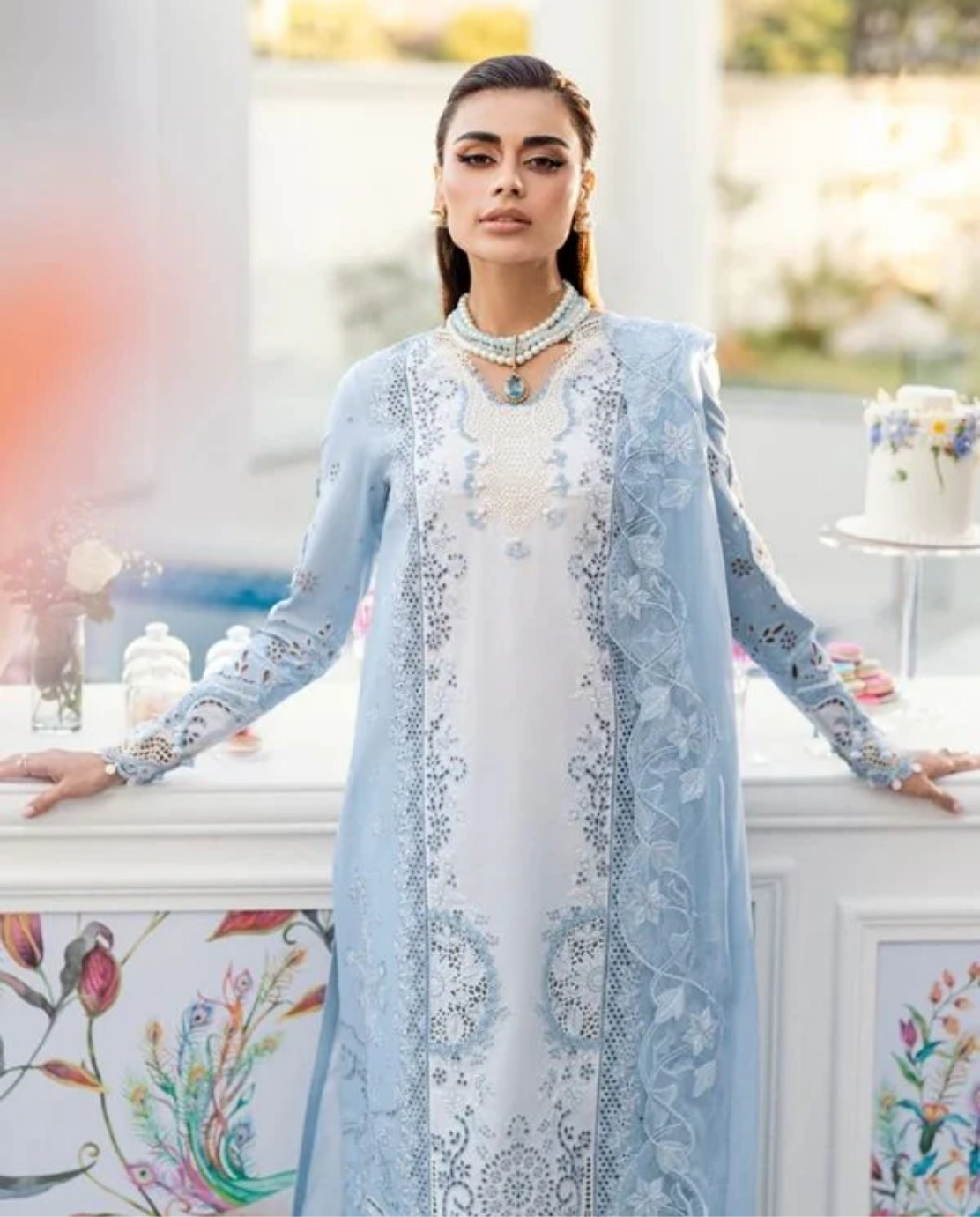 Luxury AirJet Lawn 3PC Heavy Chicken Kari Embroidered Suit with Pure Chiffon Dupatta