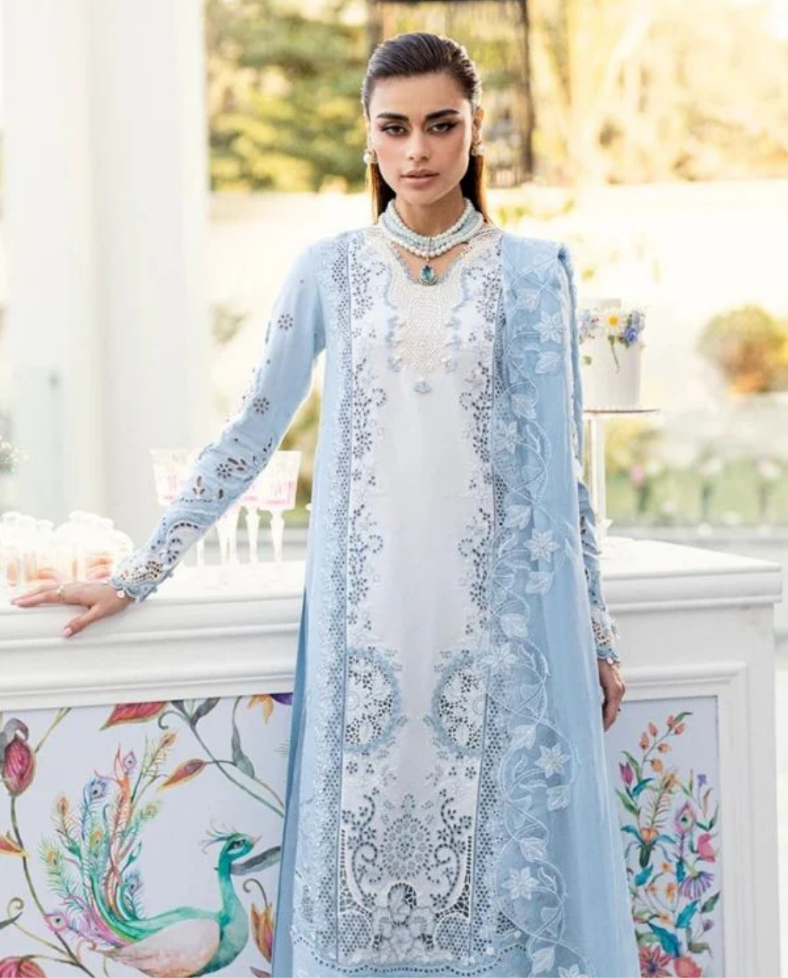 Luxury AirJet Lawn 3PC Heavy Chicken Kari Embroidered Suit with Pure Chiffon Dupatta